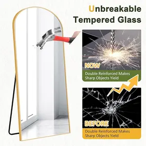 64"x24" Arched Full Body Mirror with Stand, Gold - Free Standing/Wall-Mounted for Bedroom/Living Room/Dressing Room Aluminium Decor Safety Traditional