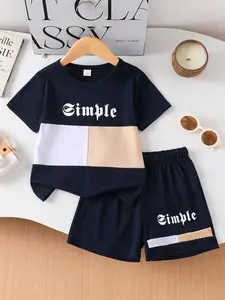 Summer Short Sleeve Colorblock Letter Print Round Neck Tee Shorts Set, Boys' Casual Sports, Two-Piece Set, Junior Youth Kits