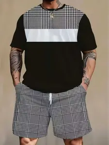 Plus Size Casual Suit Set, Modern Loose Fit Design, Round Neck, Short Sleeves & Print Pattern, All-Season Wear, Ideal for Daily, Menswear, Outfit, Clothes