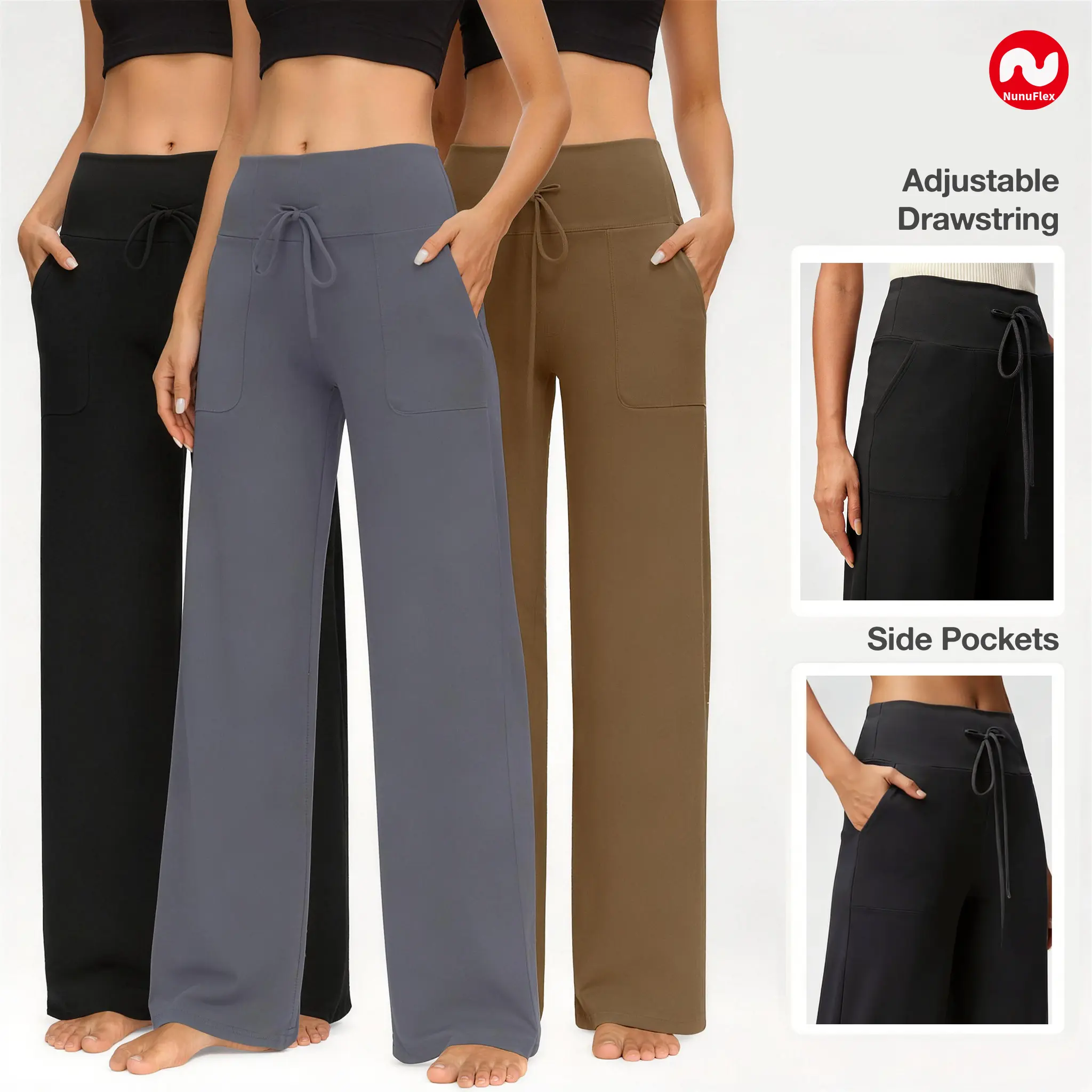 NunuFlex Women’s High Waisted Wide Leg Pants 1/2/3 Pack - Plus Size Basic Bottom Clothes, Soft Breathable Comfortable Stretchy Fabric with Deep Pockets for Casual Outings & Travel