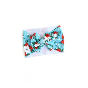 Christmas Blue Floral HEADWRAP for Babies - Soft Poly/Spandex Blend with Pre-Tied Bow - Perfect Accessory for Ages 6 Months & Up