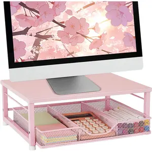 Pink Laptop Stand for Desk, Monitor Stand, Computer Desktop Stand with Drawer, Office Desk Accessories for Home, Office, School (Pink)