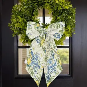 Personalized Spring Door Sash: Custom Family Name Lemon Botanical Fabric Wreath Bow