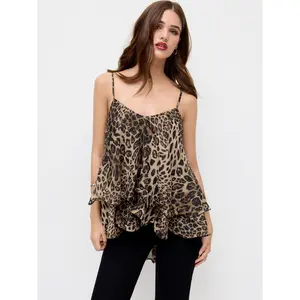 Cider Chiffon Leopard Print V-neck Ruffle Hem knotted Layered Cami Top