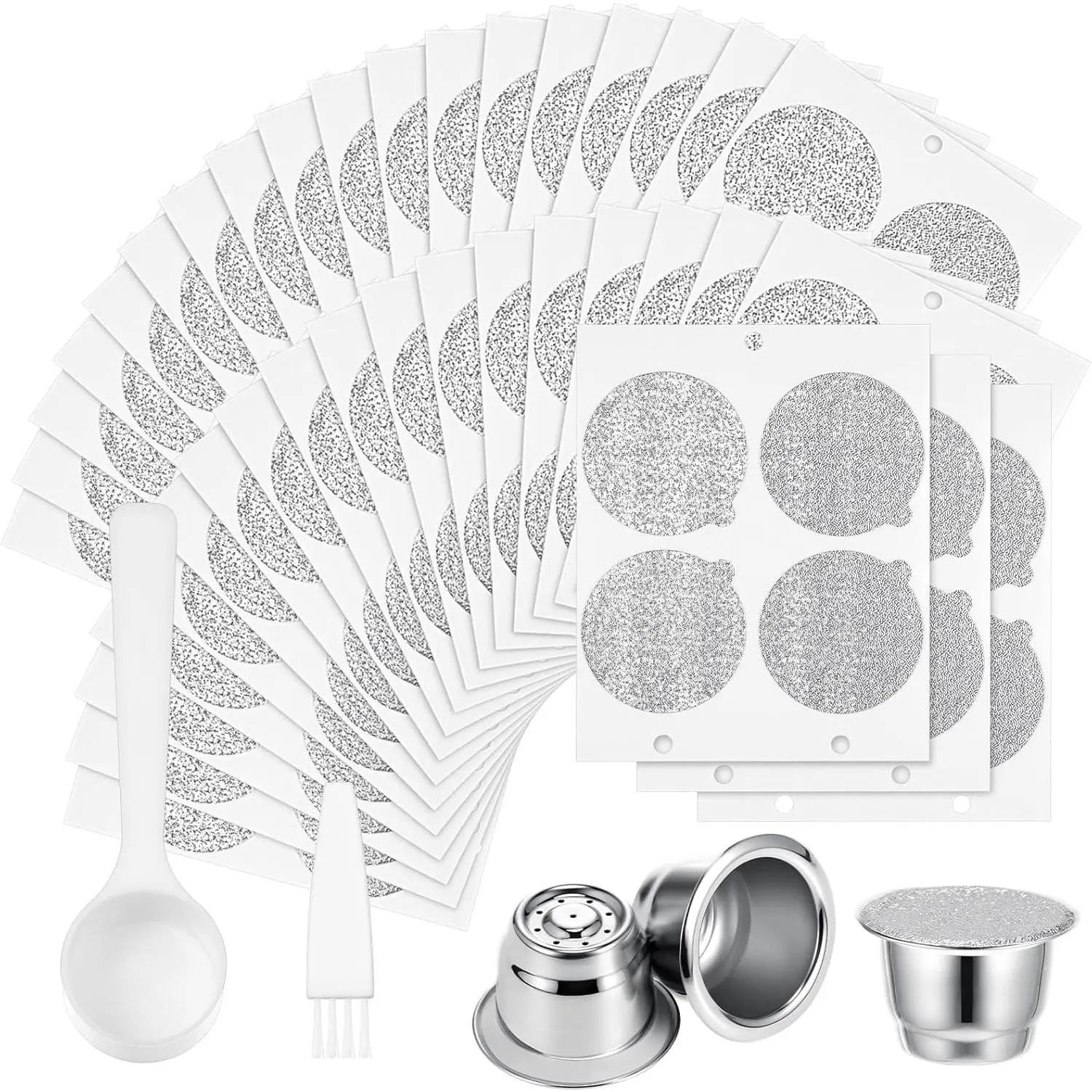 300 count  Espresso Capsules 2 Refillable Coffee Pods Stainless Steel Cups Filters Compatible with   Line Machines with Aluminum Foil Seals Stickers Lids