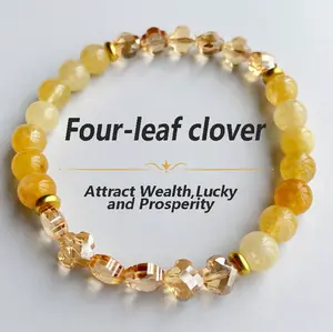 Natural Citrine and Four-Leaf Clover Braceletwith 18K Gold Spacers, Luck & Abundance Healing Crystal Jewelry for Women and men