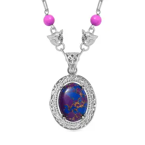 Purple Turquoise 27.00 ctw Paper Clip and Leopard Head Necklace in Platinum Plated 18 -20 Inches