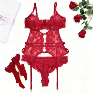 Valentine's Day Gift Women's 3 Picec Floral Lace Mesh Lingerie Set Teddy Babydoll Bodysuit with Garter Belts Valentine's Day Christmas Gift Minimalist Nightgown Sleepwear