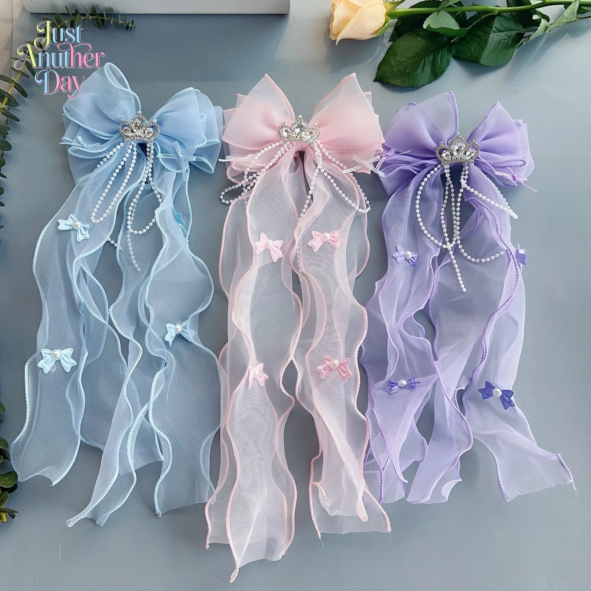 2pc Kids' Princess Tulle Bow Hair Clips with Crown & Pearl Tassel, Fairy Style Ribbon Hair Accessories for Girls, Ponytail Barrettes