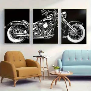 3 Pieces Optional Wooden Frame Black White Motorcycle Art Modern Wall Poster Print For Wall Decor Home Room Decor Canvas Painting Picture Study Office Wall Painting Clear Texture Canvas Print