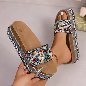 Women's Platform Sandals Summer Beach Slides with Pearl Embellished Cork Wedge Soft Sole Slippers Large Size Comfort Outdoor Shoes Ethnic Style Fashion Footwear for Women