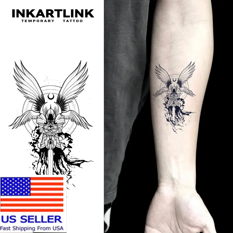 INKARTLINK Tattoo Tech, 2 Sheets Medium Semi Permanent Tattoo, Adult Art Design Temporary Tattoos, Lasts 1-2 Weeks, Waterproof, Realistic Look, No Adhesive, No Reflection (Four-winged Angel Design)