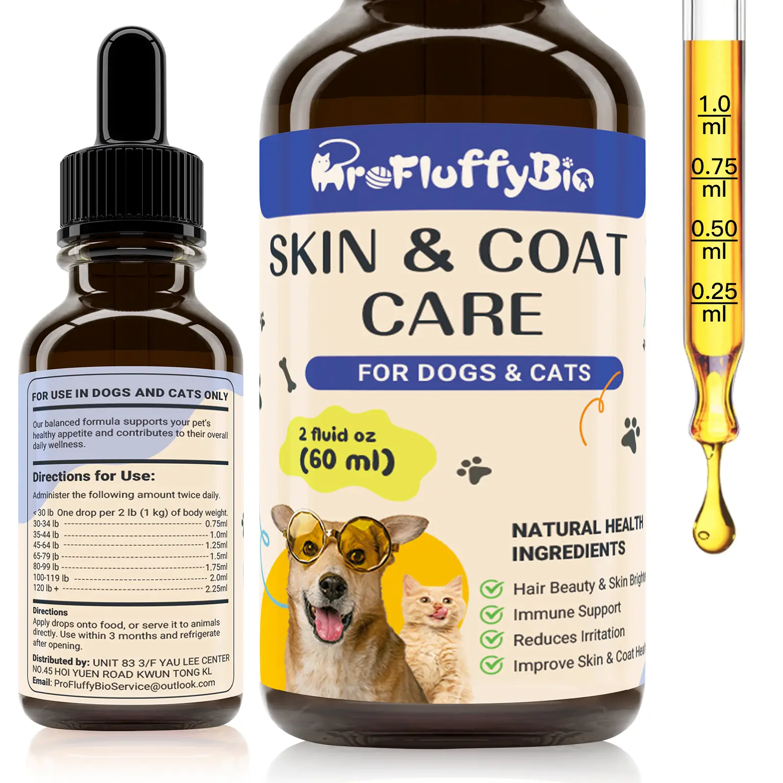 ProFluffyBio Premium Quality Nature Herbal Fur & Skin Care Drops for Dogs & Cats - Pet Healthcare Supplement Bottle, Supports Healthy Fur, Mix Into Food, 2 fl oz (60ml), 24-Month Shelf Life