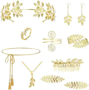 11 count Greek Goddess Costume Accessories Set for Women Celestial  Moon Stars Halo Crown Golden Laurel Leaf Crown Headband Leaf Armband  Leaf Dangle Earring CZ Necklace Ring  Belt Wedding Toga  Party