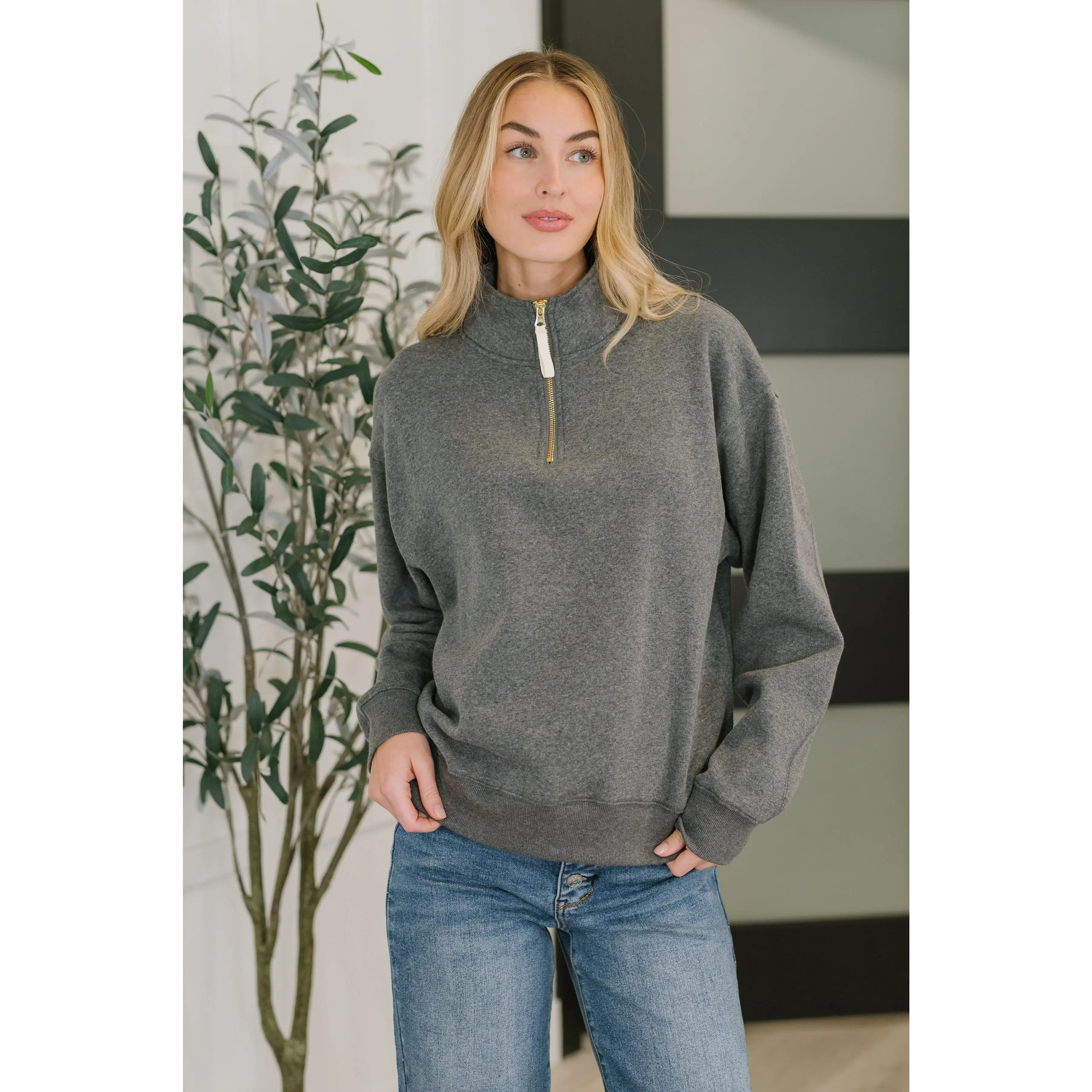 Zenana Sweater Weather Half Zip High Neck Pullover in Charcoal