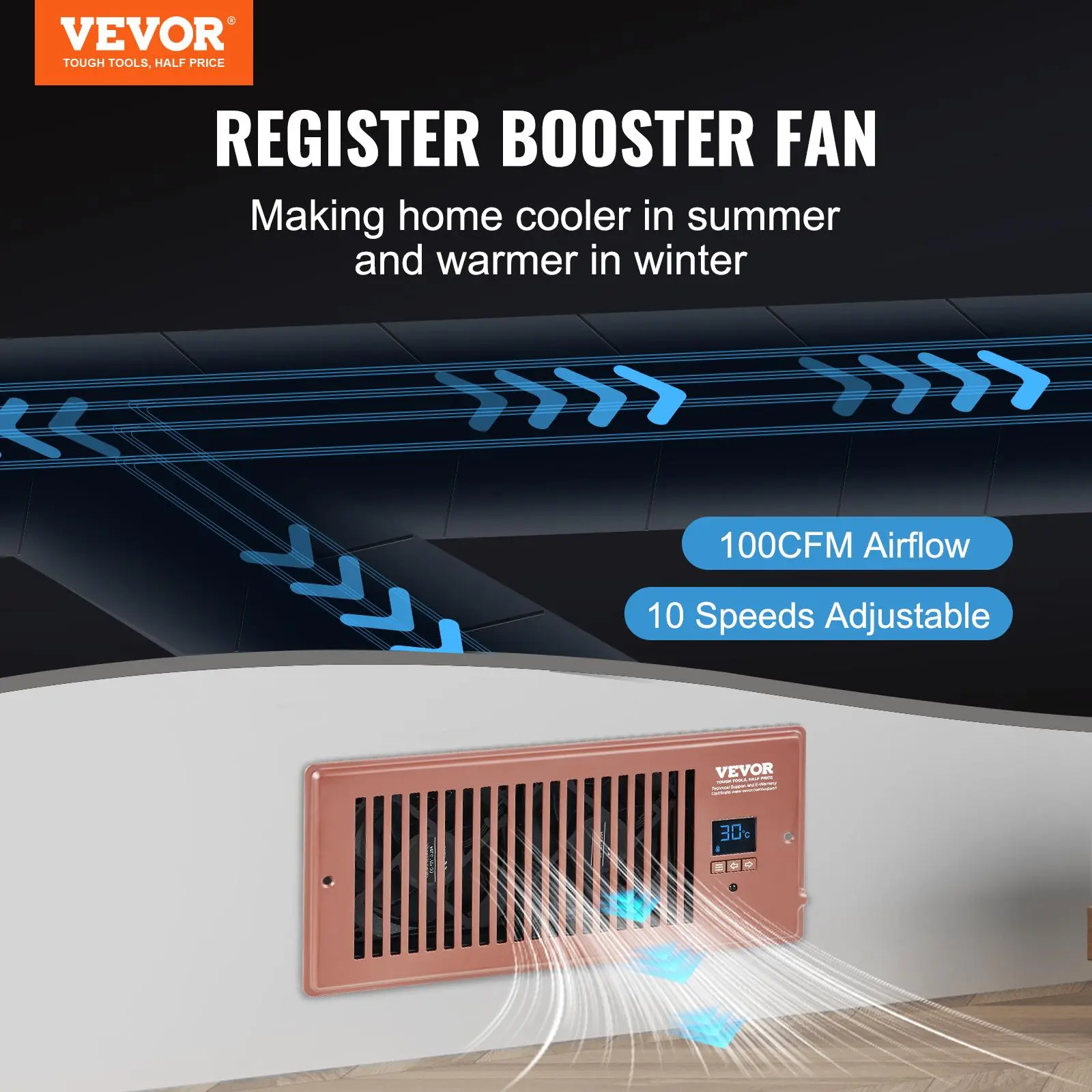 【Summerfinds】VEVOR Register Booster Fan, Quiet Vent Booster Fan Fits 4” x 10” Register Holes, with Remote Control and Thermostat Control, Adjustable Speed for Heating Cooling Smart Vent, Brown