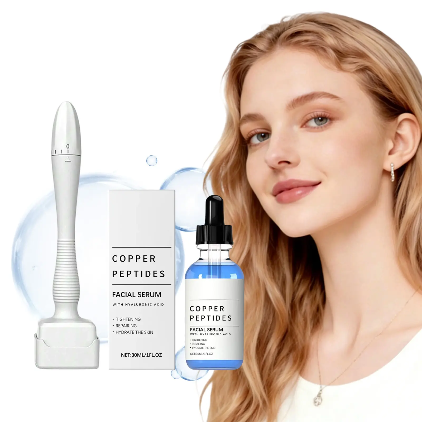 Derma Stamp & Enhancing Serum Set with Copper Peptide, Hyaluronic Acid for Combination Skin Facial Care, 30 ml Fragrance-Free Hydrating Liquid to Plump & Soften Skin