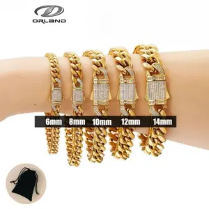 ORLAND Unisex K-Gold Nano Vacuum-Plated Miami Cuban Link Bracelet Stainless Steel 8–14mm Width 19–21.6cm Length Hypoallergenic Finish