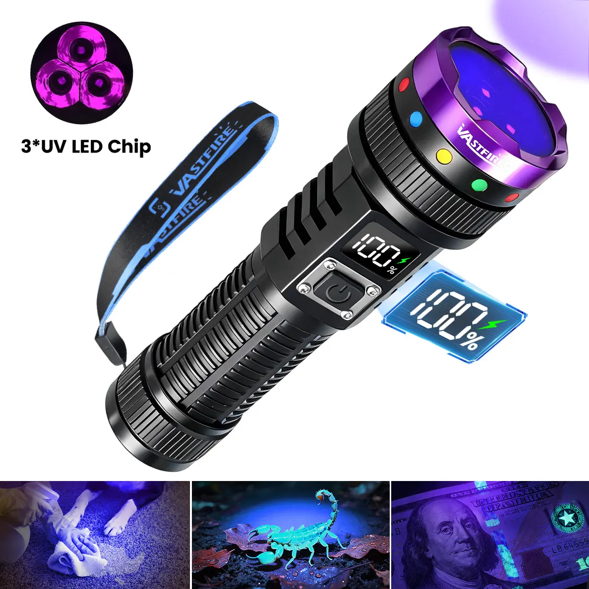 365nm 30W High-Power UV Flashlight - Aluminum Alloy, Filter Lens, LCD Display, High-Capacity Batteries, Type-C Fast Recharge, Waterproof, Portable Home Improvement Tool, 30ft Scorpion Spot, 99% Straylight Cut, Urine Detector (Black)