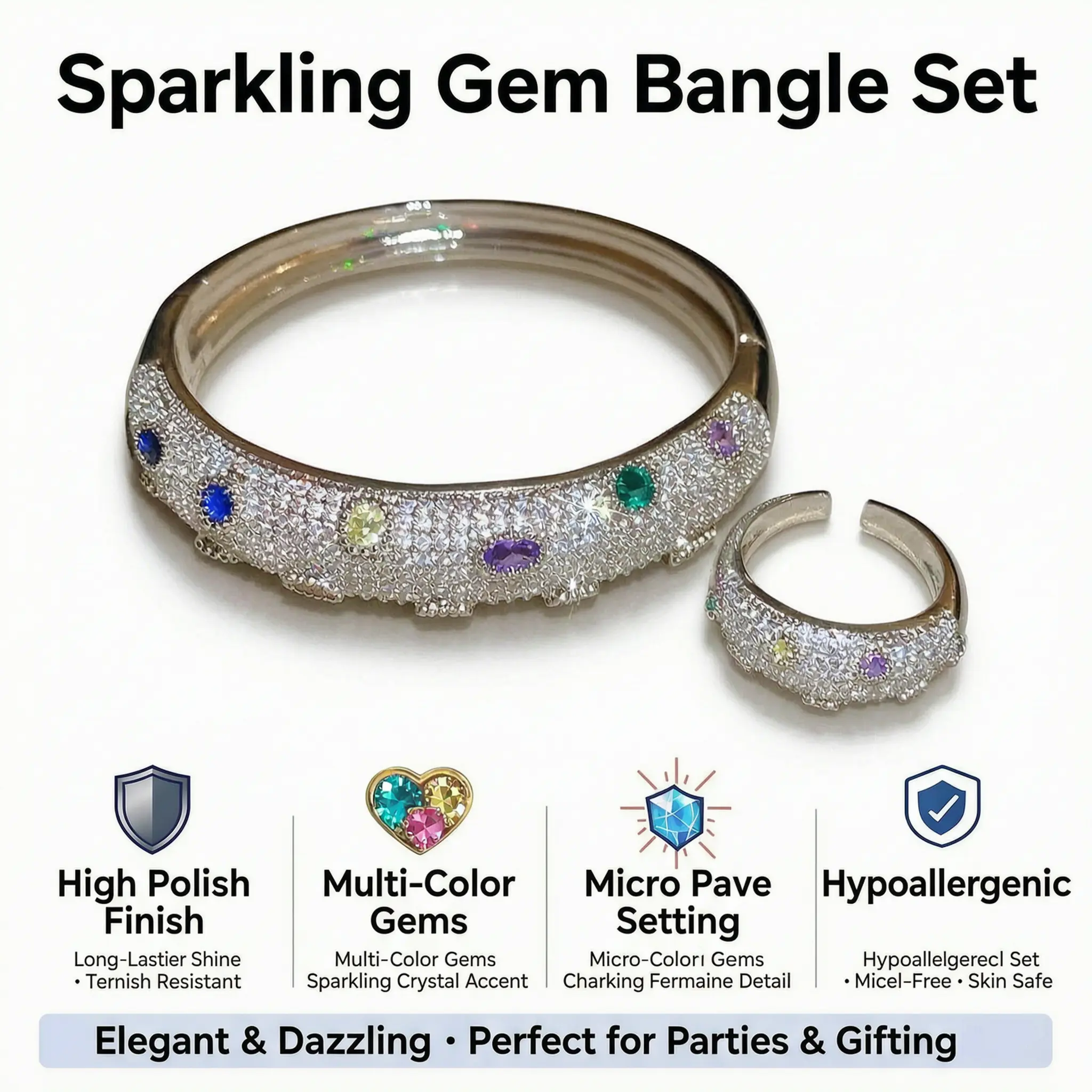 Women's 2-Piece Matching Sets, Skin-Safe Gold-Plated Stainless Steel Rainbow Zircon Bangle & Ring, Adjustable Rhinestone Encrusted Bracelets & Bangles, Female Daily Costume Jewelry, 43.7g, 7.42in, Non-Tarnishing