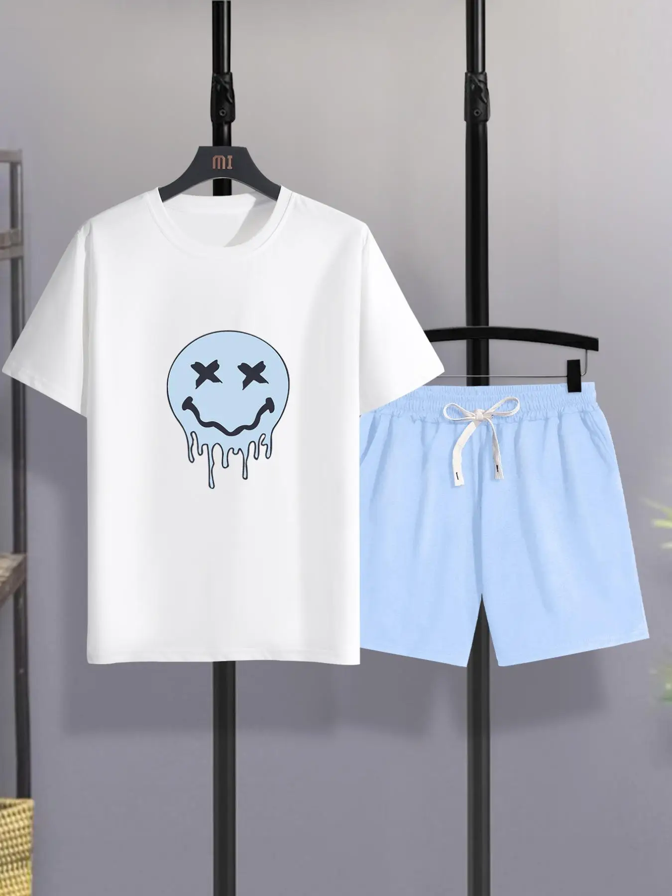Men's Cartoon Print Tee & Drawstring Shorts Co-ord Set, Crew Neck T-shirts & Slant Pocket Track Shorts Set, Men's Clothing, Please Purchase One Size S