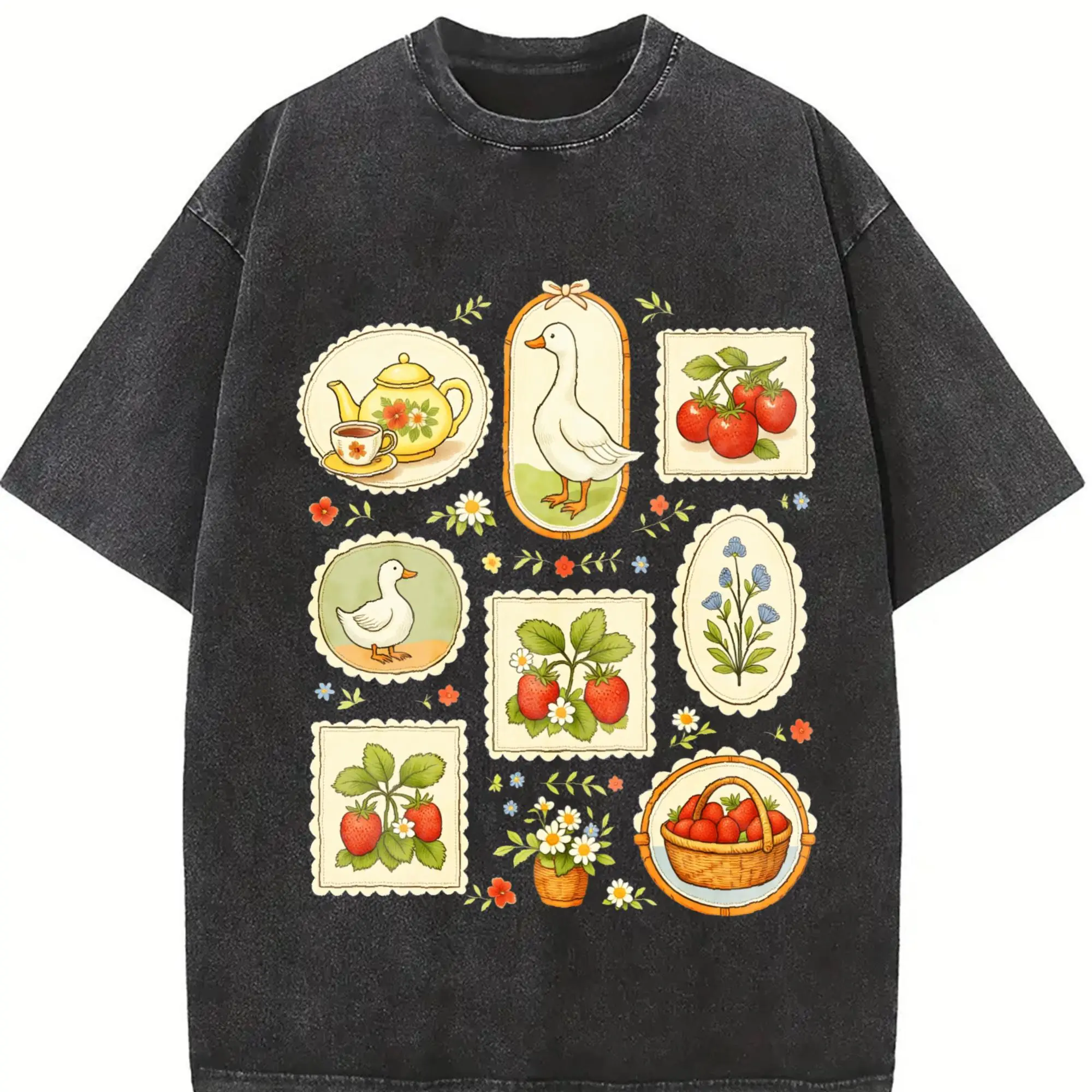 Cute Cottagecore Goose Strawberry Patchwork Aesthetic Grandmacore Heavyweight Boxy Fit T-Shirt Vintage Washed Oversized Pure Cotton Graphic Tee Pastoral Farm Life
