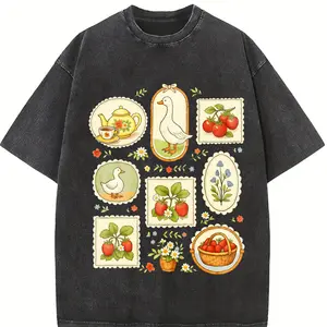 180g[100%cotton]Cute Cottagecore Goose Strawberry Patchwork Aesthetic Grandmacore Heavyweight Boxy Fit T-Shirt Vintage Washed Oversized Pure Cotton Graphic Tee Pastoral Farm Life