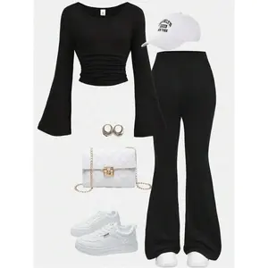 2pcs/Set Tween Girls Casual Cartoon Portrait Loose Short Sleeve T-Shirt And Flare Pants Set, Back To School