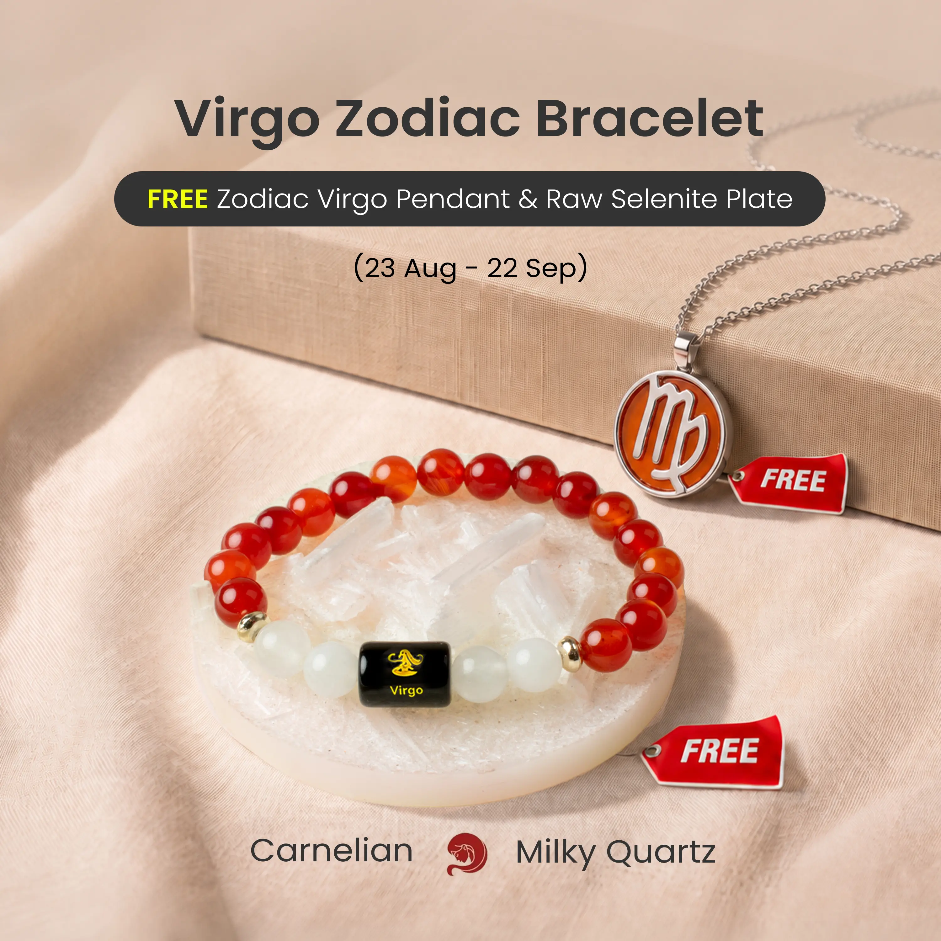 Astrotalk Carnelian & Milky Quartz Virgo Zodiac Bracelet for calm overthinking, build quiet confidence & focus | FREE Virgo Pendant & Raw Selenite Plate for Crystal Charging | Daily Wear Jewellery | Certified Authentic | Perfect Gift for Virgos