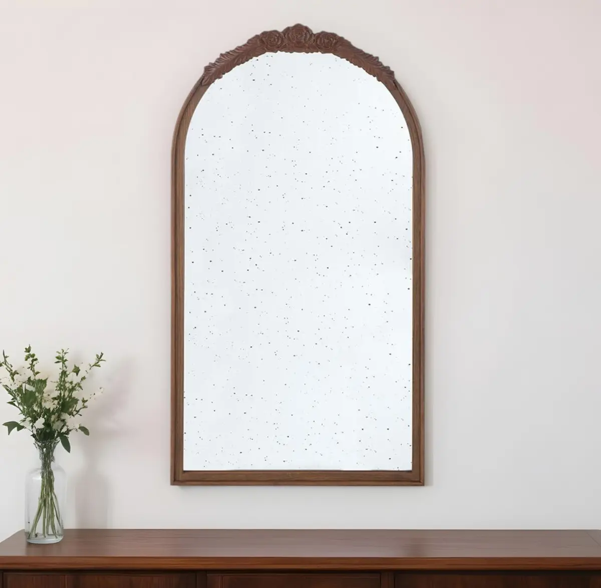HomeRoots 485097 42 in. Brown Vintage Wooden Wall Mirror - Antiqued Glass, Crowned Top Arch Frame, Easy Mount, Installation Ready, Elegant Home Decor to Beautify Your Space
