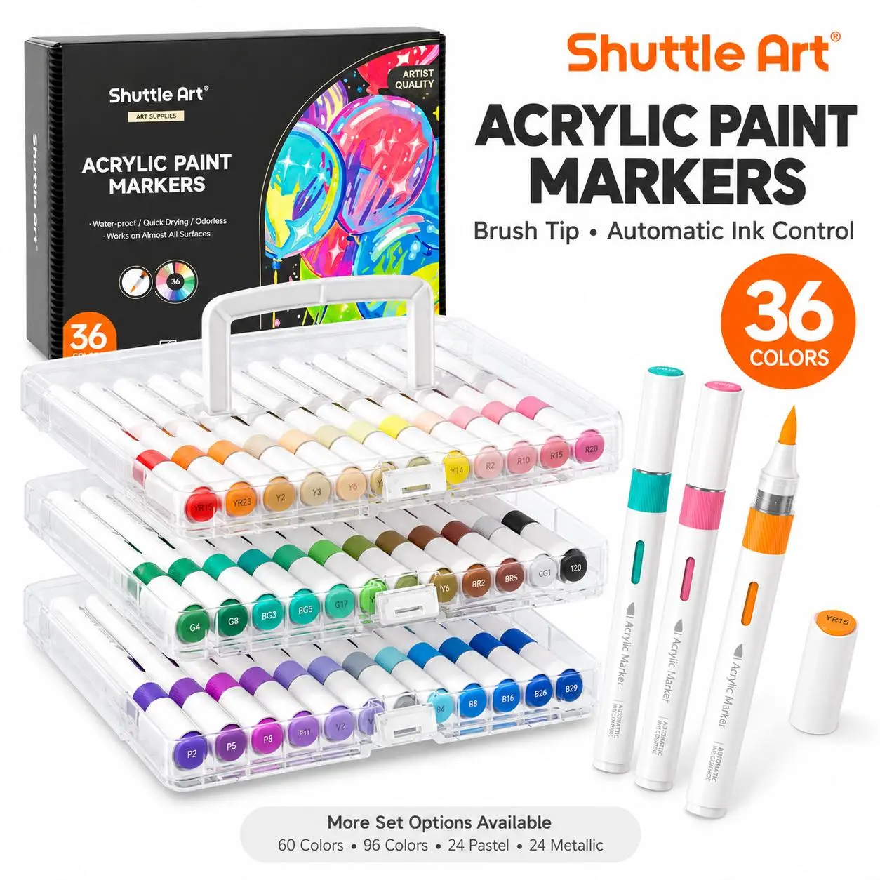 Auto-Ink Control Acrylic Paint Markers Set (36 Colors-Transparent Acrylic Box), Brush Tip, Waterproof, Pastel/Metallic, 3-Layer Storage Box (Holds 36 Slots), Art School Supplies, Birthday Gifts for 12+ Years (Rock Painting, DIY Crafts)