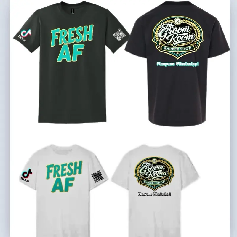 Fresh AF T Shirts Unisex - Black and White Options with "Fresh AF" on front and "The Groom Room" Design on the back  tik tok logo on sleeves with QR code  adult sizes and youth sizes available Menswear Top Tshirt Streetwear Classic Man T-Shirt