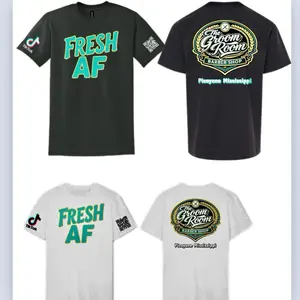 Fresh AF T Shirts Unisex - Black and White Options with "Fresh AF" on front and "The Groom Room" Design on the back  tik tok logo on sleeves with QR code  adult sizes and youth sizes available Menswear Top Tshirt Streetwear Classic Man