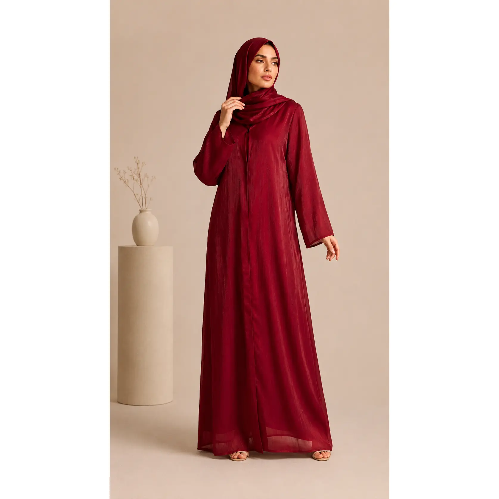 Deep Burgundy Organza Abaya with Fully Lined Nidha Fabric Inner
