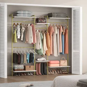 White/Gold Wall Mounted Clothing Rack with 4 Hanging Rods, Clothes Rack with 6-tier Adjustable Shelves, Wall Mount Closet Storage Organizer System Kit, Heavy Duty Garment Rack with Metal