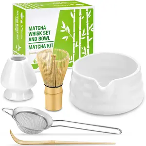 Matcha Whisk Set,   Set (5pcs) includes Matcha Bowl with Spout (19 oz),  Whisk and Matcha Scoop, Whisk Holder, Stainless Steel Sifter,  Making Tools, Matcha Kit