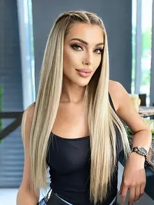 Warm Vanilla Blonde Lace Front Wig with Shadow Root 28" Straight Heat Resistant Synthetic Hair 13x4 HD Transparent Lace Pre-Plucked Hairline Free Parting for Daily & Party Wear Lace Straight Wigs