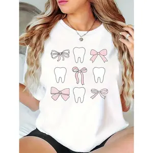 Women's Cute Dental Teeth & Pink Bows Graphic T-Shirt, Casual Crew Neck Tee for Dental Hygienists, Dentists, or Everyday Casual Wear, White