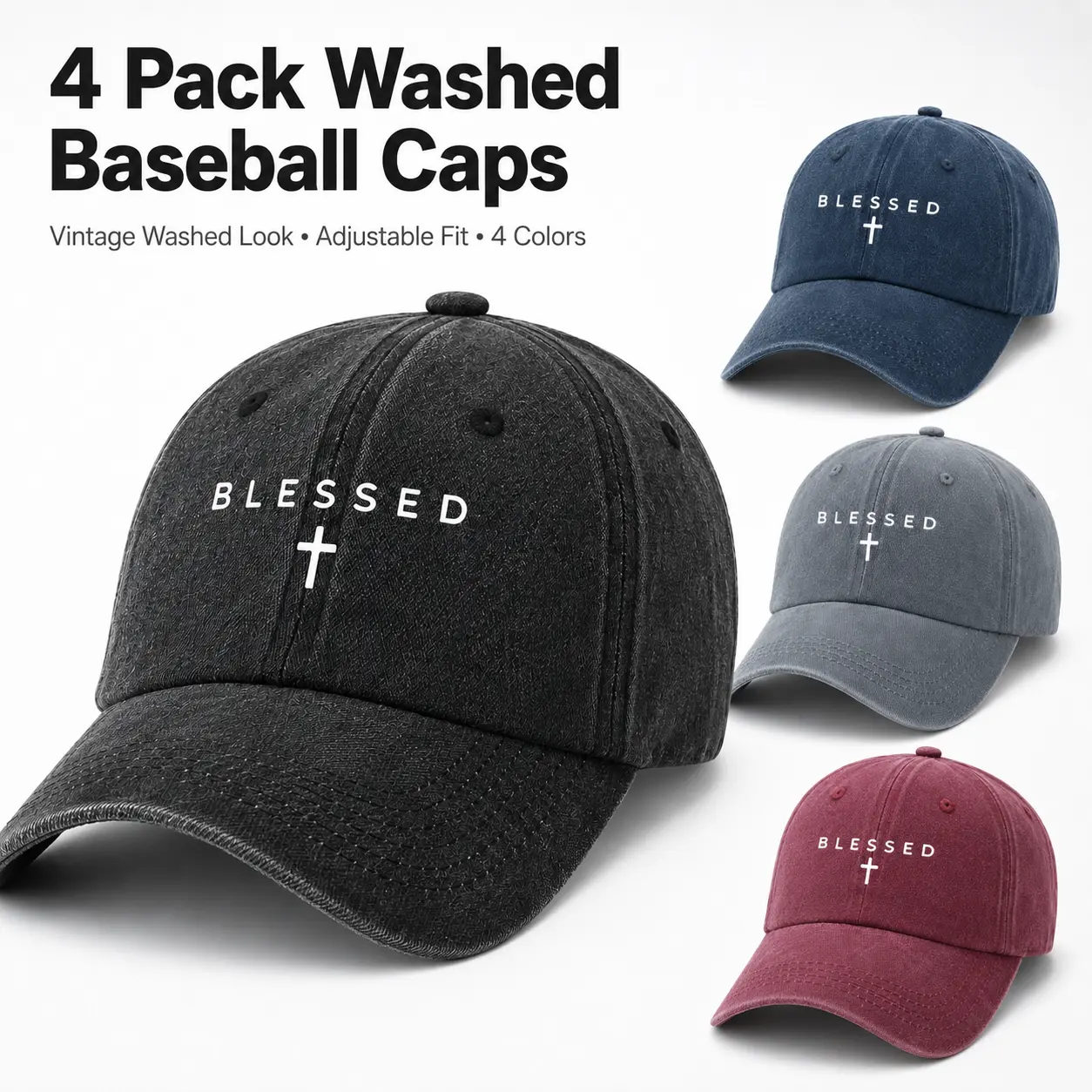 4 Pack Vintage Washed Baseball Caps with Blessed Cross, Adjustable Unisex Dad Hats for Women Men, Retro Christian Faith Hats,
