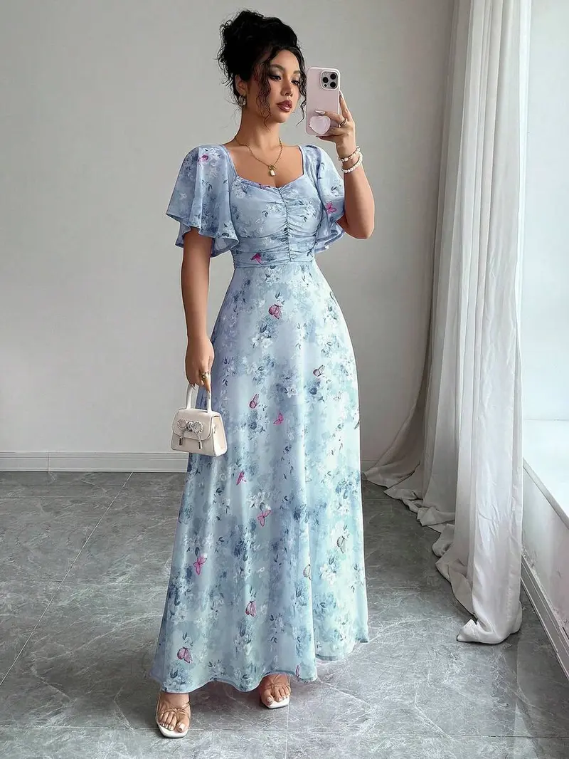 Butterfly Sleeve Long Blue Maxi Dress With Sleeves Fkelyi Blue Butterfly  Flower Print Long Sleeve Maxi