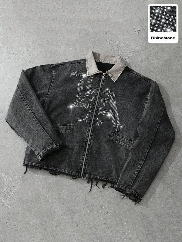 Dark Denim Jacket with Diamonds and 'la' Logo, Vintage Corduroy Collar and Frayed Design, Stylish Zippered Fit for Casual Outings