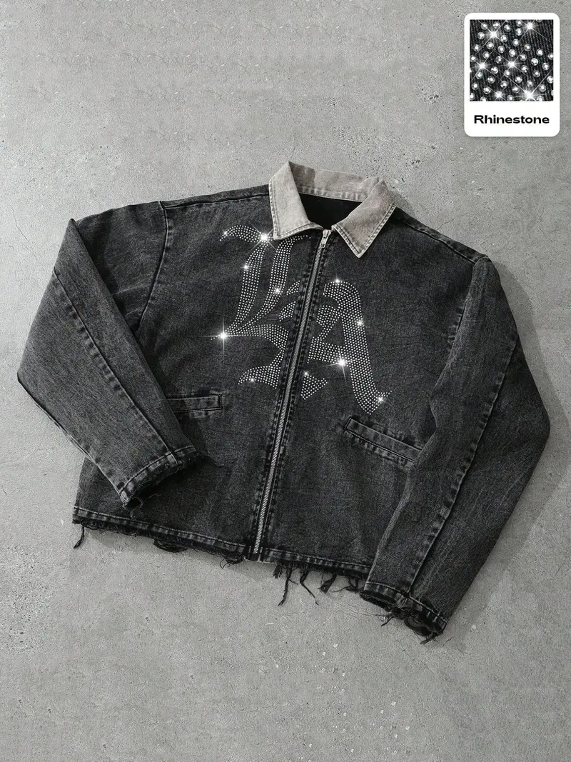 Dark Denim Jacket with Diamonds and 'la' Logo, Vintage Corduroy Collar and Frayed Design, Stylish Zippered Fit for Casual Outings