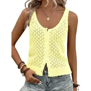 Womens Sweater Tank Tops Summer Sleeveless Crochet Cardigan Button Down Boho Knit Going Out Vest Tops SummerVibes