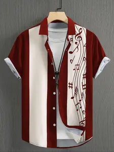 Men's Regular Fit Music Note Print Casual Printed Half Button Shirt, Casual Short Sleeve Collared Top for Summer, Fashion Men's Clothes for Daily Wear, Casual Graphic Shirt, Button Front Shirts