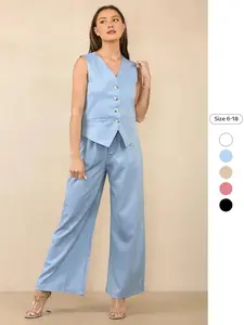 Women's Casual Two-Piece Set, V-Neck Striped Sleeveless Front Button Vest & Wide Leg Long Pants, Comfortable, Stylish and Chic