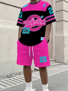 Vintage Sports Style Short Sleeve T-Shirt & Track Shorts Set, Decoration Line, Geometric Pattern, Casual Fit, Ideal for Sport & Leisure