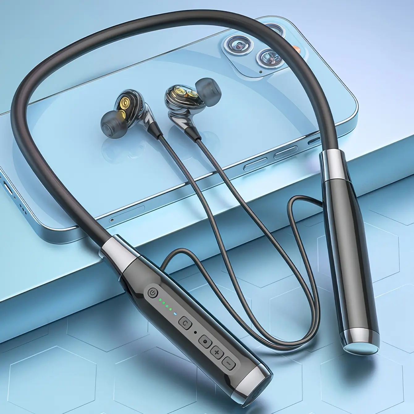 Wireless Neckband In-Ear Earphones - 4 Drivers, 100-Hour Battery, Powerful Bass, Stereo Sound, Noise Cancelling, Light Weight Earbuds, Comfortable Long-Wear, Magnetic Design, Sports-Friendly, Phone/Tablet Compatible