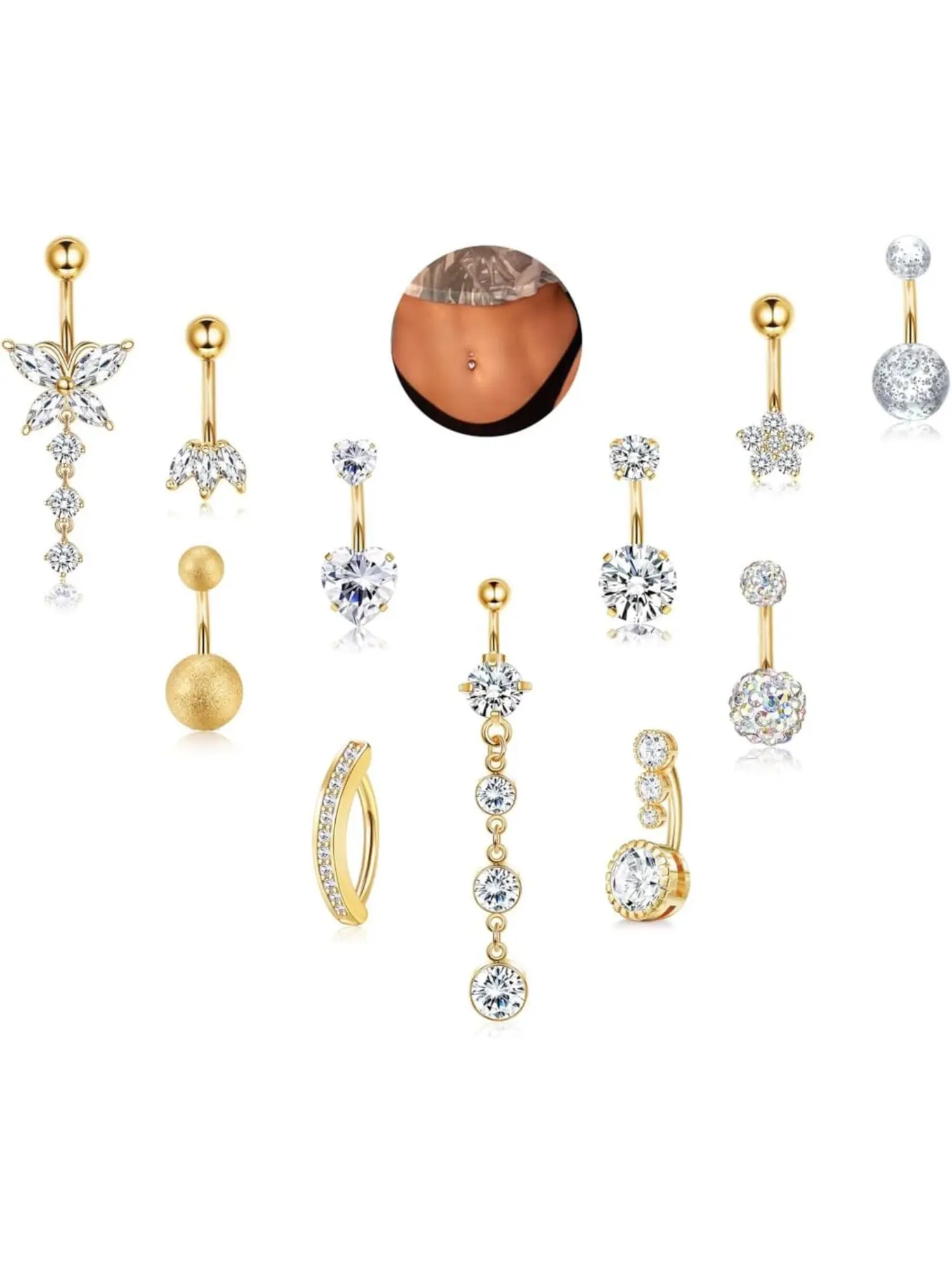 11Pcs Gold Belly Button Ring - Surgical Stainless Steel 14G Navel Belly Button Body Piercing Jewelry Hypoallergenic Dangle Belly Rings for Women Silver/Gold Rhinestone Belly Ring