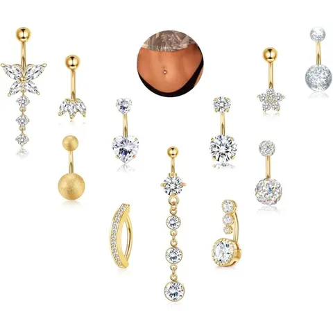 11Pcs Gold Belly Button Ring - Surgical Stainless Steel 14G Navel Belly Button Hypoallergenic Dangle Belly Rings for Women Belly Piercings Silver/Gold Rhinestone Belly Ring