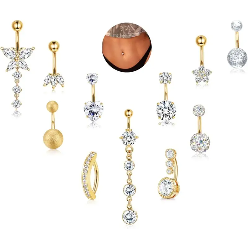 11Pcs Gold Belly Button Ring - Surgical Stainless Steel 14G Navel Belly Button Hypoallergenic Dangle Belly Rings for Women Belly Piercings Silver/Gold Rhinestone Belly Ring
